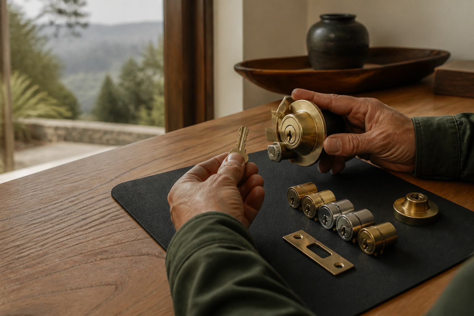 Locksmith reviewing residential lock and key hardware